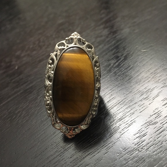 Natural African Tiger's Eye Solitaire Ring in Platinum Over Copper size 8 - Picture 8 of 16
